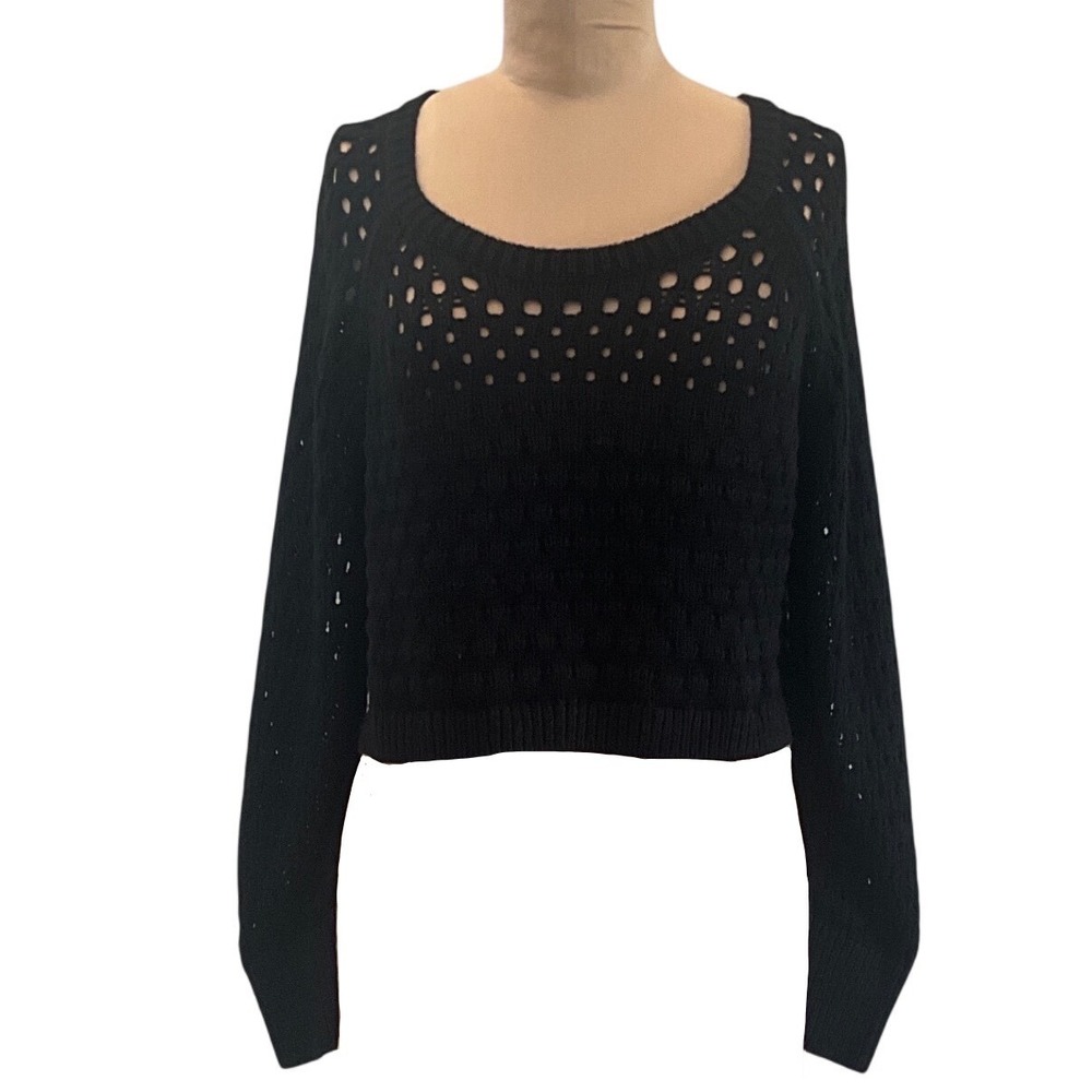 Maeve Anthropologie Open Knit Crochet Sweater Black Long Sleeve XL Boho Crop